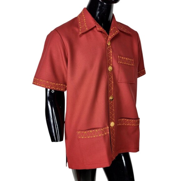 Vintage MCM Wood Buttons Radio Wave Stitch Men's Tiki Rockabilly Camp Shirt L/XL - Picture 2 of 9